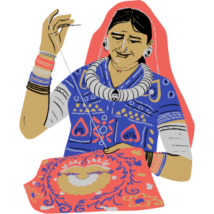 Illustration of a woman spinning yarn with a colorful background