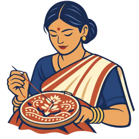 Illustration of a woman in traditional attire making something with a tool on a white background