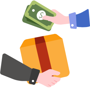 Illustration of a hand handing over money to another hand holding a package.