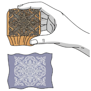Wooden stamp with intricate design, stamping onto fabric