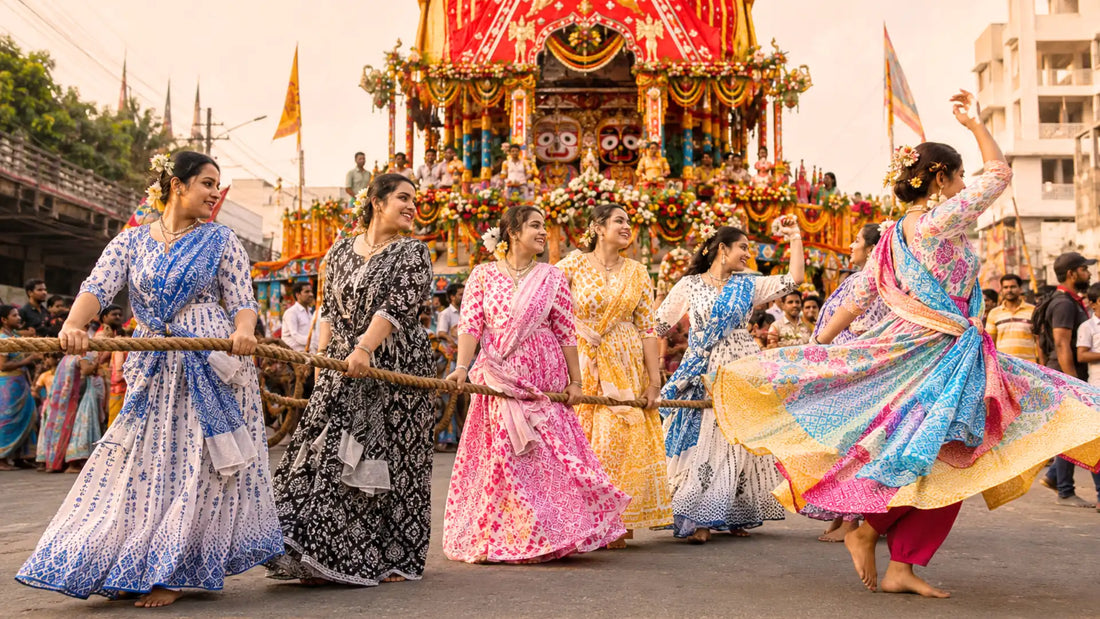 Women in brightly colored, patterned Gopi dresses joyfully pull a thick rope during a Ratha Yatra festival procession. One woman is dancing with joy. The background features a large, flower-decorated chariot and a crowded street.