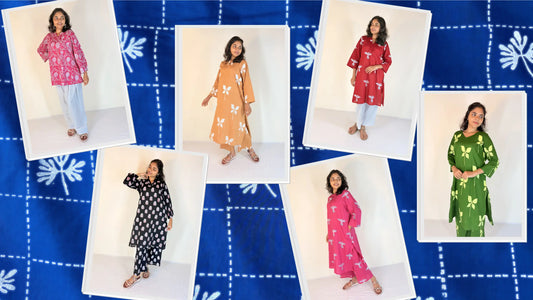 Grid of women wearing colorful dresses on a blue patterned background