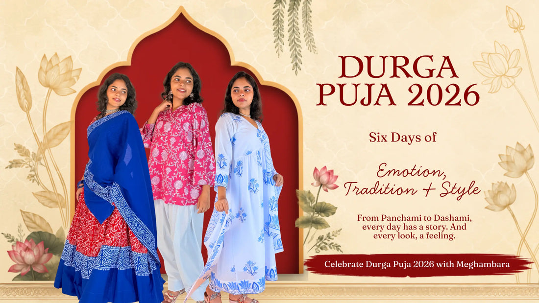 Three women wearing Meghambara's Bengali-inspired ethnic outfits for Durga Puja 2026, celebrating six days of emotion, tradition and style.