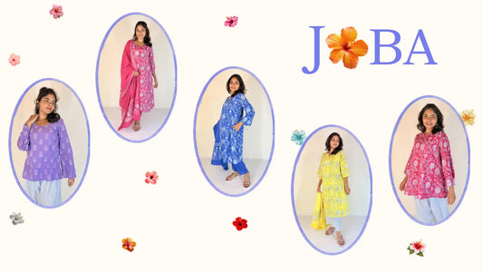 Promotional image of women wearing colorful traditional outfits with 'Joba' branding.