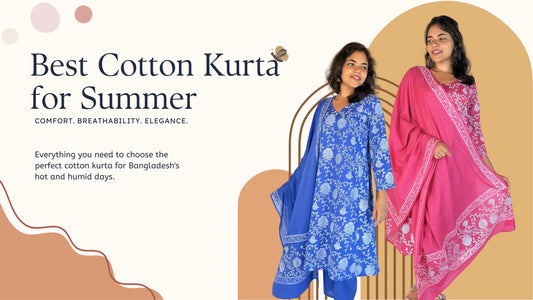 Best cotton kurta for summer - two women wearing hand block printed cotton kurtas in blue and pink from Meghambara