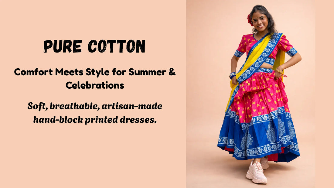 Bangladeshi woman wearing a colorful pure cotton hand-block printed dress, standing in a soft cream backdrop with text about cotton comfort and festive style.