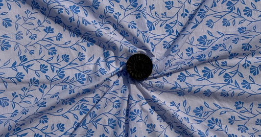 Close-up of a blue floral patterned fabric with a central black button.