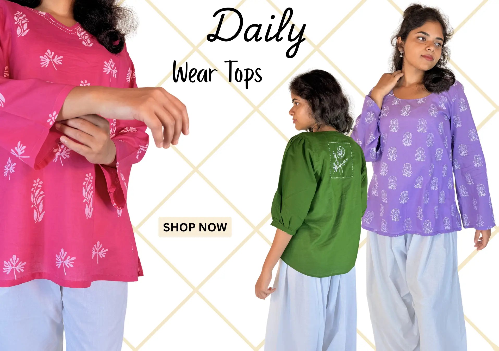 Three women wearing different colored tops with a promotional text overlay on a geometric patterned background.