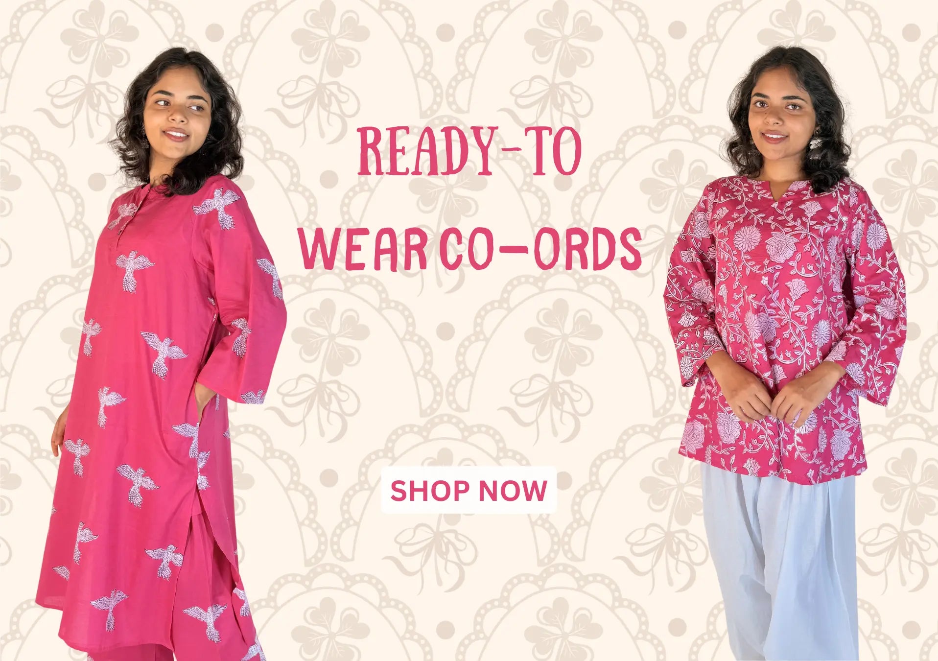 Woman wearing pink floral outfit with text 'Ready-to Wear Co-ords' on a patterned background