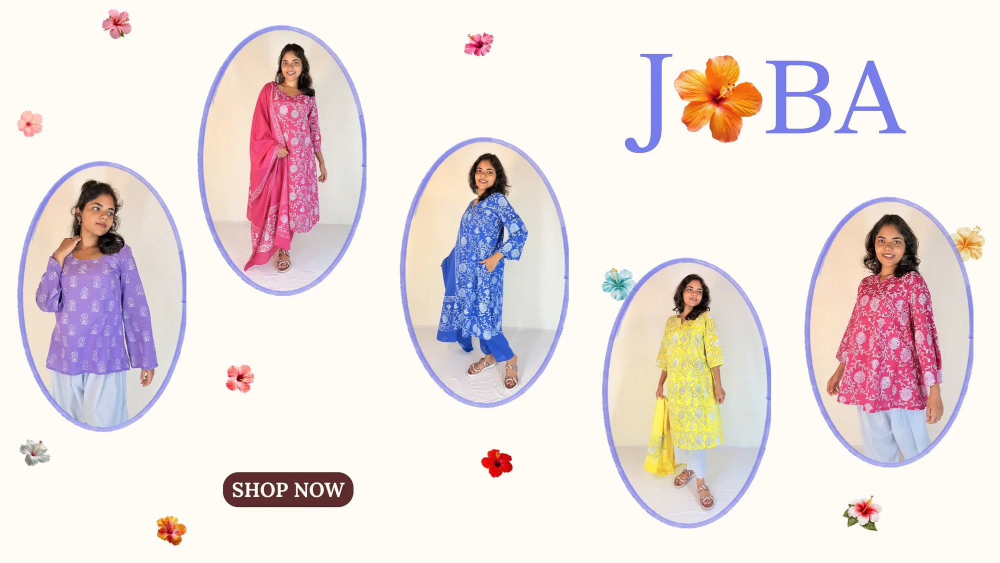Promotional banner for 'Joba' with women wearing colorful traditional outfits in oval frames.