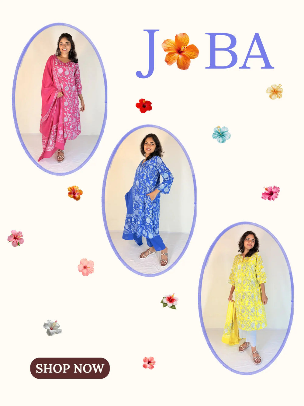 Three women wearing colorful kurtis with 'Joba' branding and decorative elements.