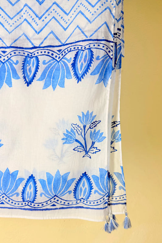 A white fabric scarf or shawl featuring blue block-printed floral and geometric patterns, shown hanging against a solid yellow background.