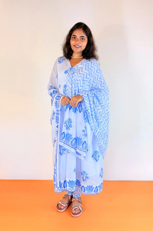 A woman modeling a light blue and white printed traditional outfit with a matching dupatta, standing against a plain off-white wall with an orange floor.