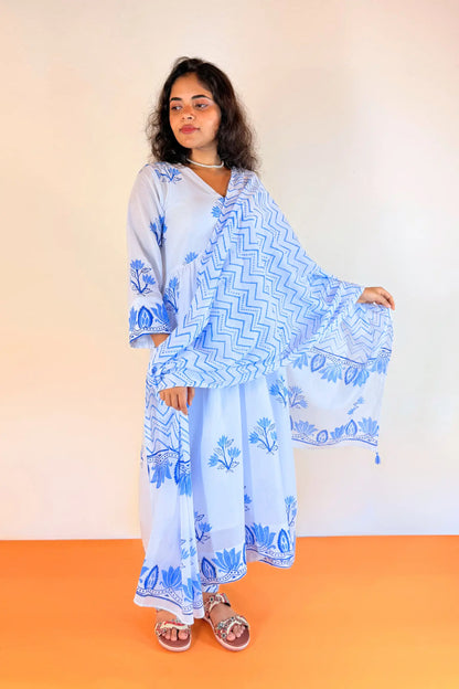 A woman modeling a light blue maxi dress with pink floral embroidery and green leaf details, standing against a plain white wall with an orange floor.