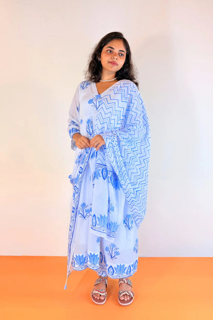 A woman modeling a light blue and white printed traditional outfit with a matching dupatta, standing against a plain off-white wall and orange floor.