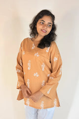 Caramel Floral Block Printed Cotton Short Top with Embroidery