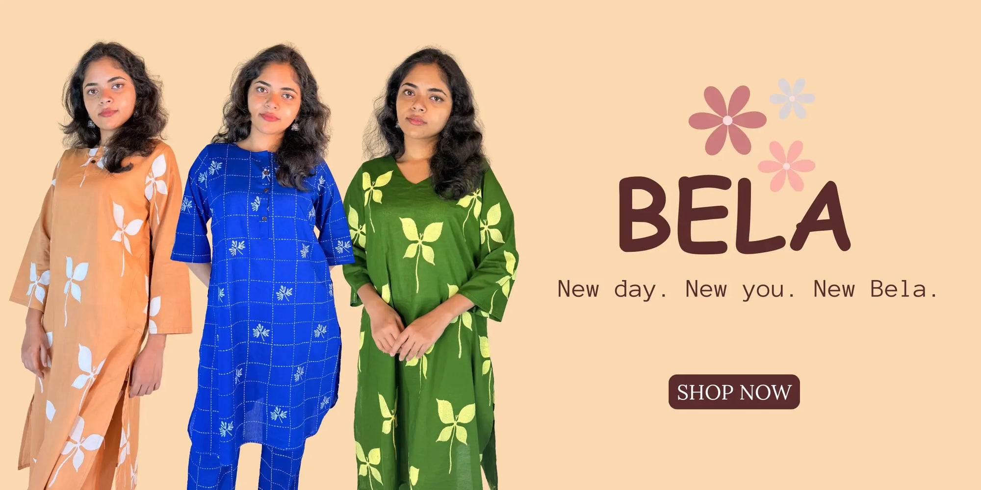 Three women wearing colorful outfits with 'Bela' branding and promotional text.