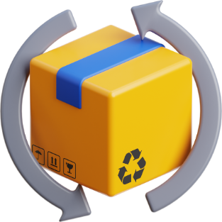 Yellow box with blue top and recycling symbol, surrounded by gray arrows on a white background