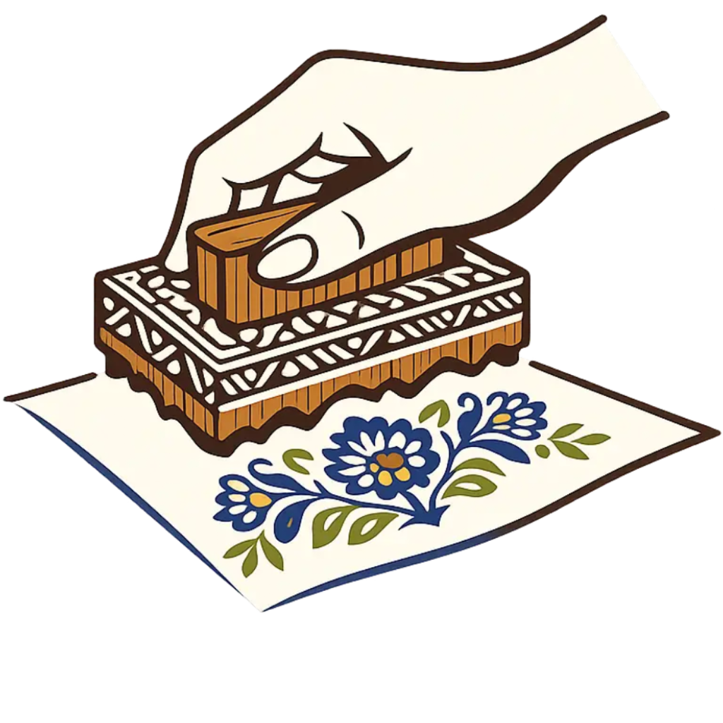 Illustration of a hand using a wooden stamp with floral design on paper