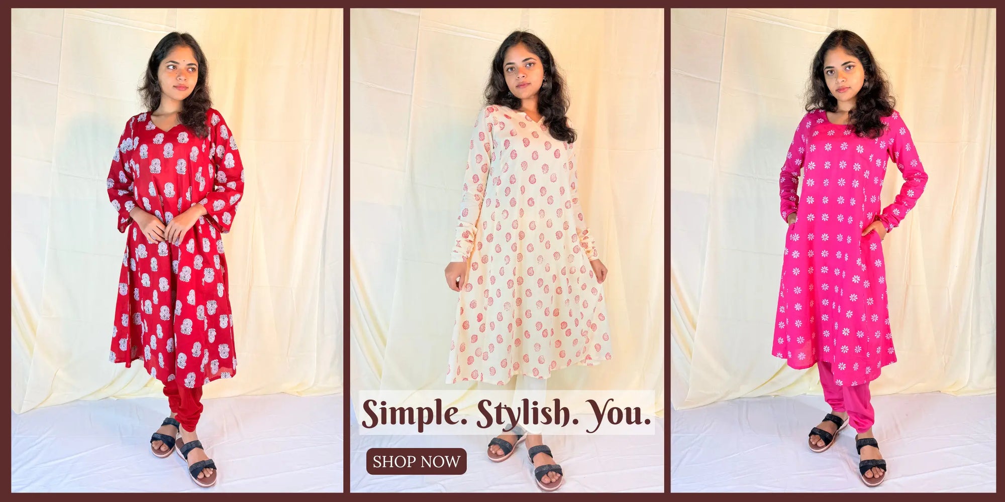 Three images of a woman wearing different outfits with text 'Simple. Stylish. You.' and 'Shop Now' on a white background.