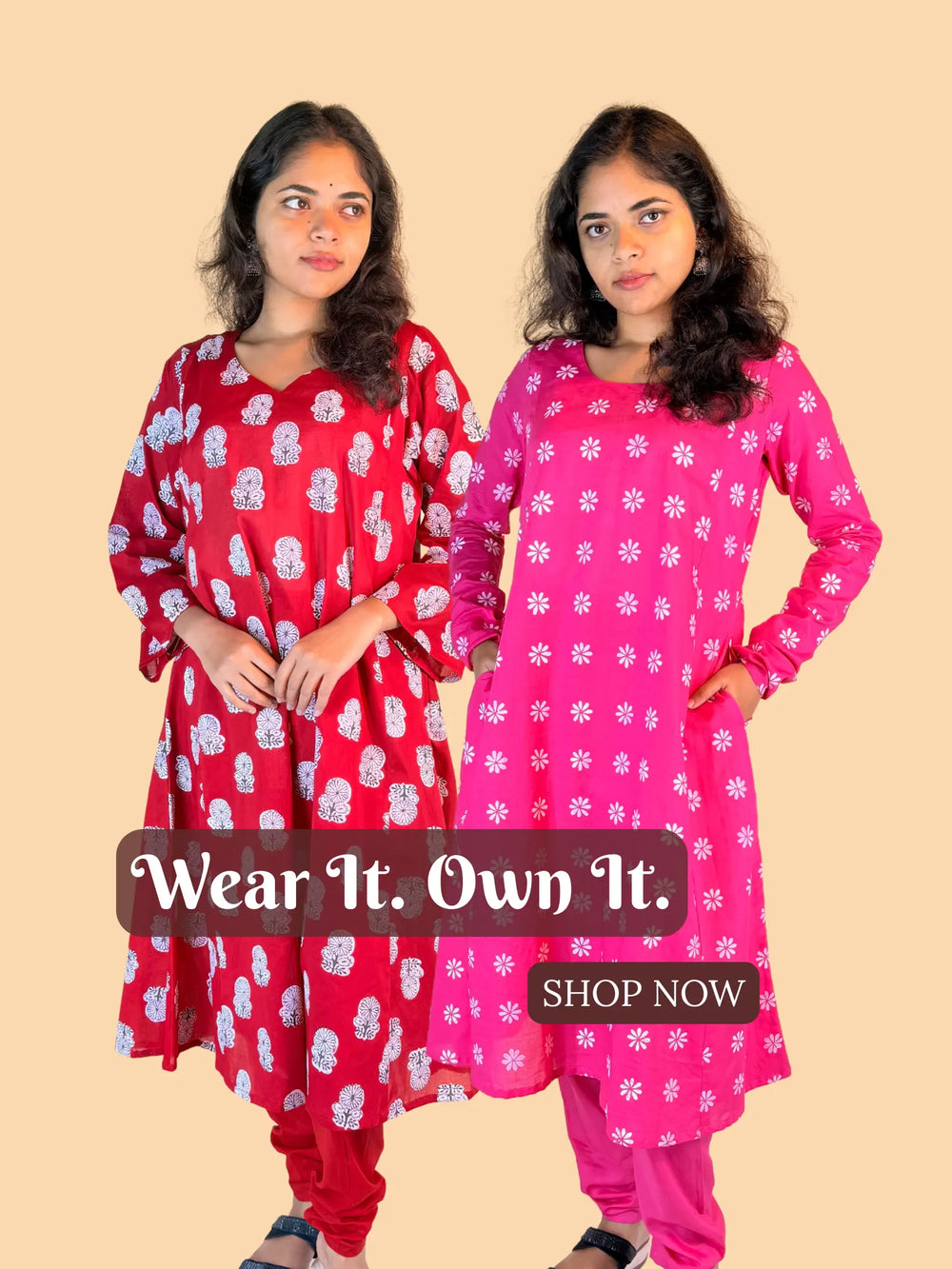 Two women wearing red and pink outfits with floral patterns on a beige background.