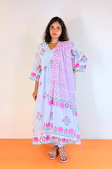 Pink Lotus Motif Cotton Flared A-line Kurta Set (Set of 3)