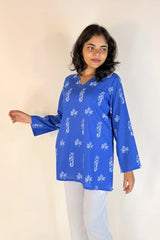 Blue Floral Block Printed Cotton Short Top with Embroidery