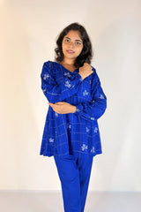 Royal Blue Kantha-Inspired Block Printed Cotton A Line Short Top