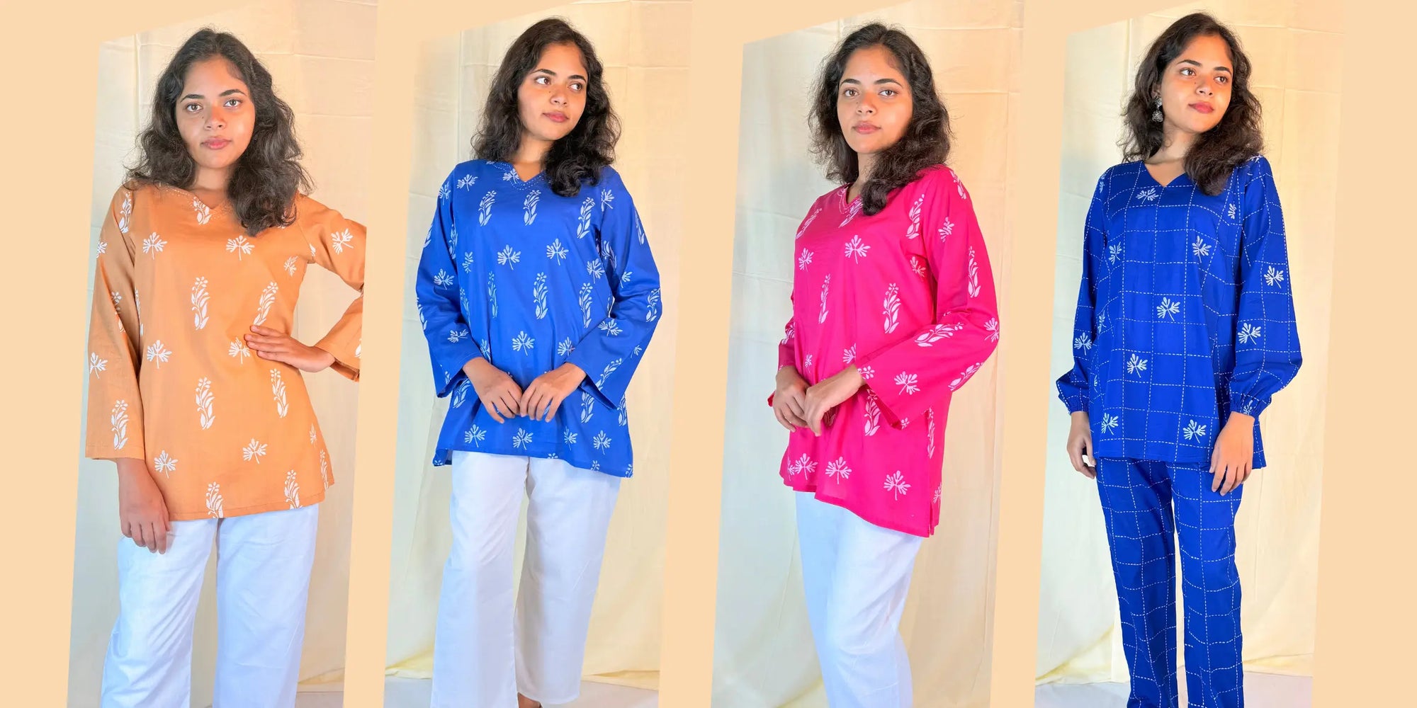 Four images of a woman wearing different colored outfits with white pants against a beige background.