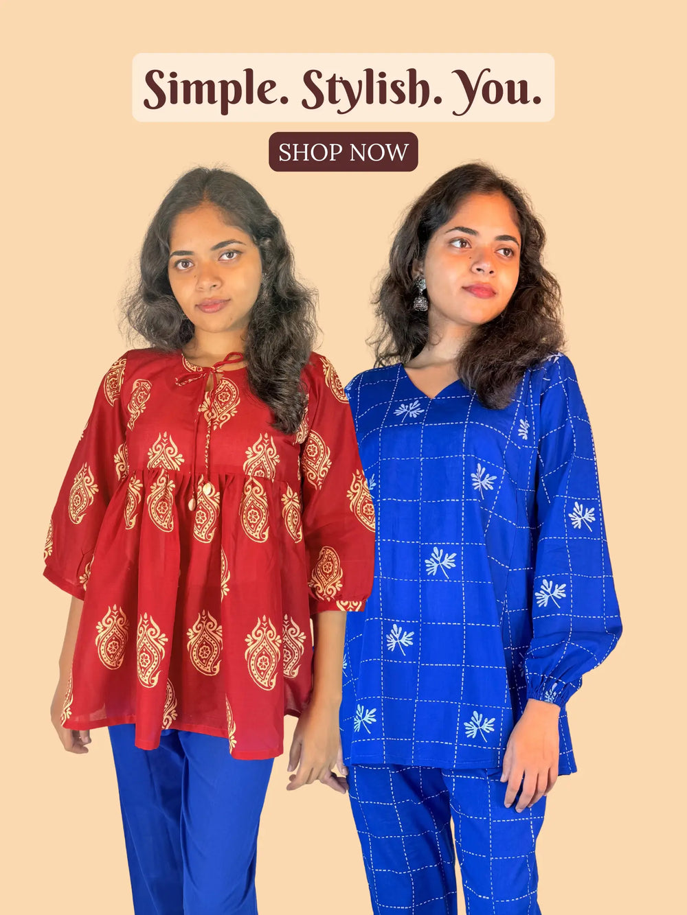 Two women wearing red and blue outfits with text 'Simple. Stylish. You.' and 'Shop Now' on a beige background.