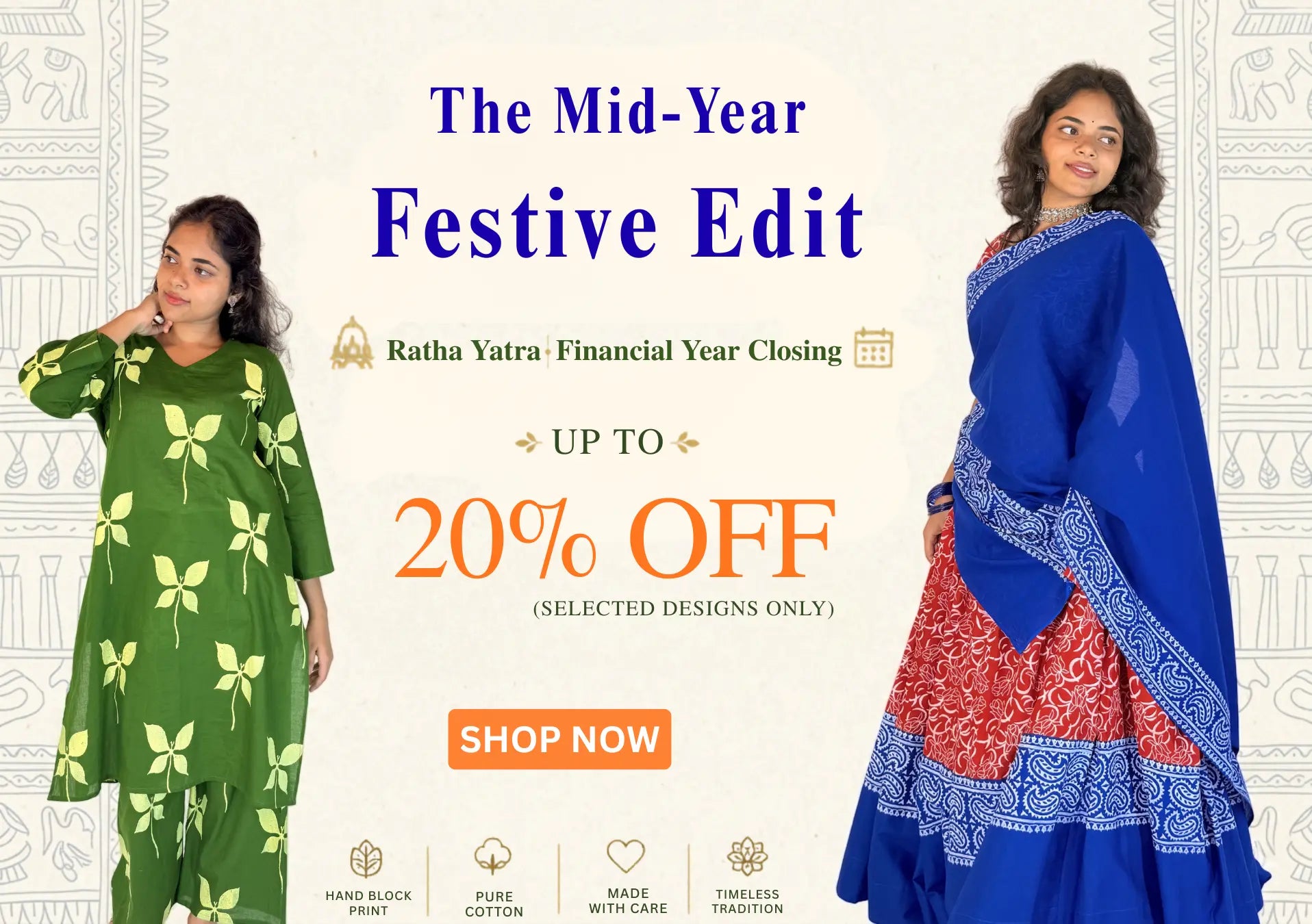 Two women in traditional outfits with promotional text for a festive edit sale.