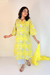 Yellow Floral Block Printed Anti Fit Cotton Kali Kurta Set with Side Pockets