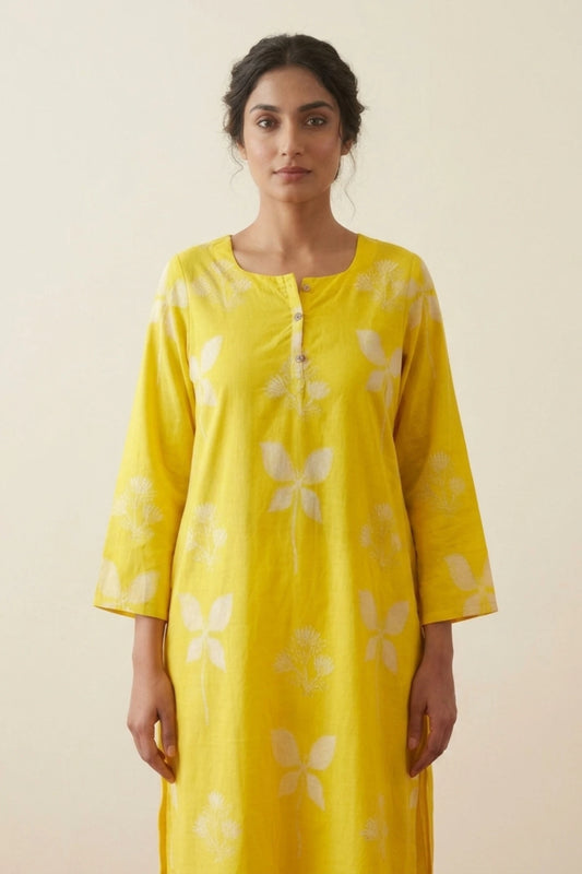 A woman wearing a bright yellow kurta with a white floral and butterfly pattern, standing against a plain beige background.