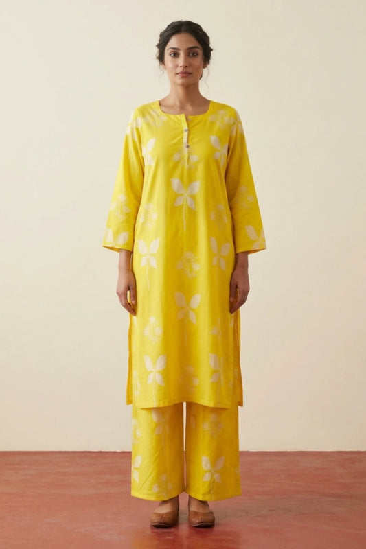 A woman modeling a bright yellow three-piece kurta set with white floral motifs, standing against a plain beige wall and reddish-brown floor.