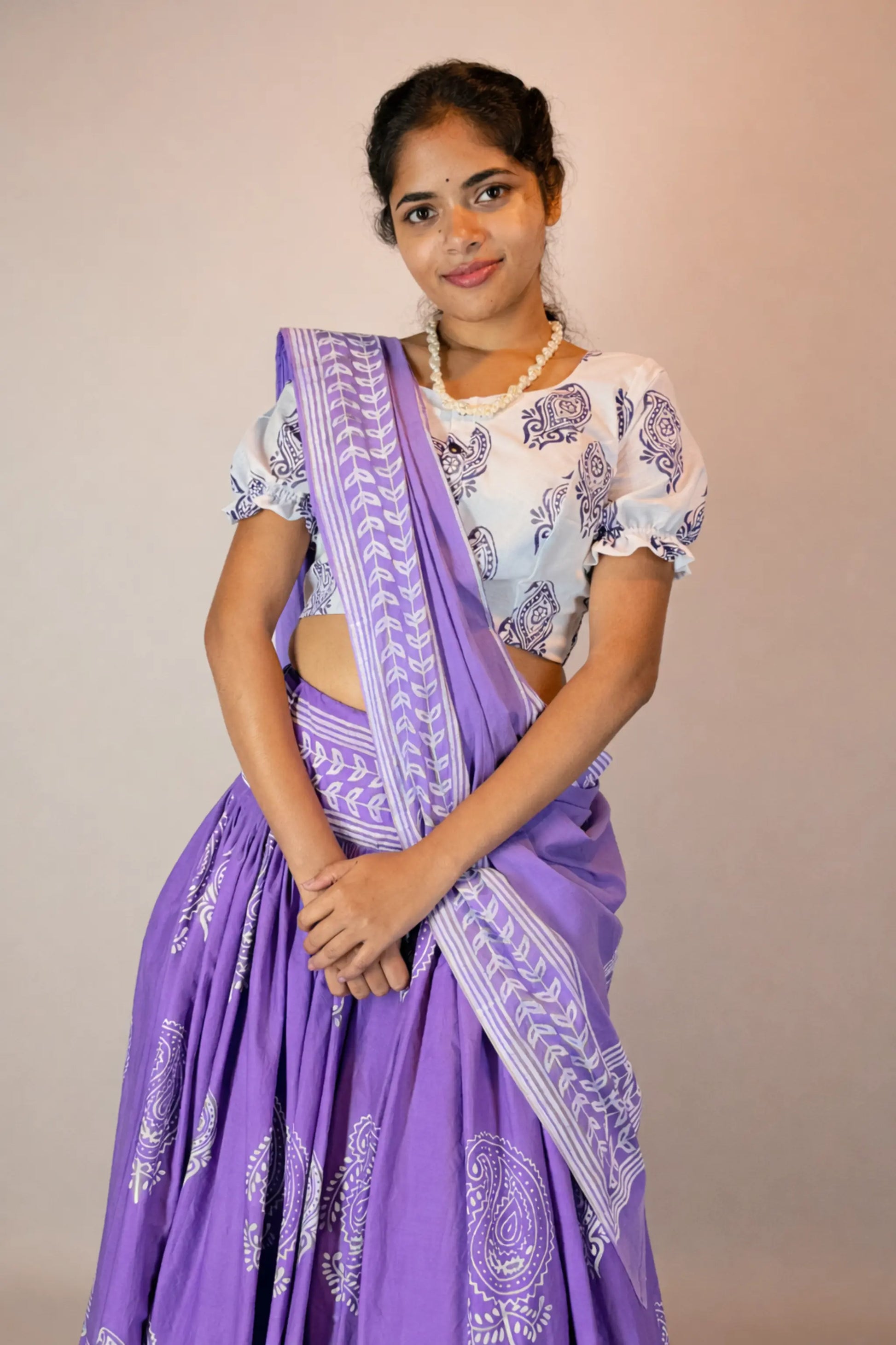 Front view of Anuragini hand block print pure cotton Gopi skirt set highlighting blouse print and dupatta border