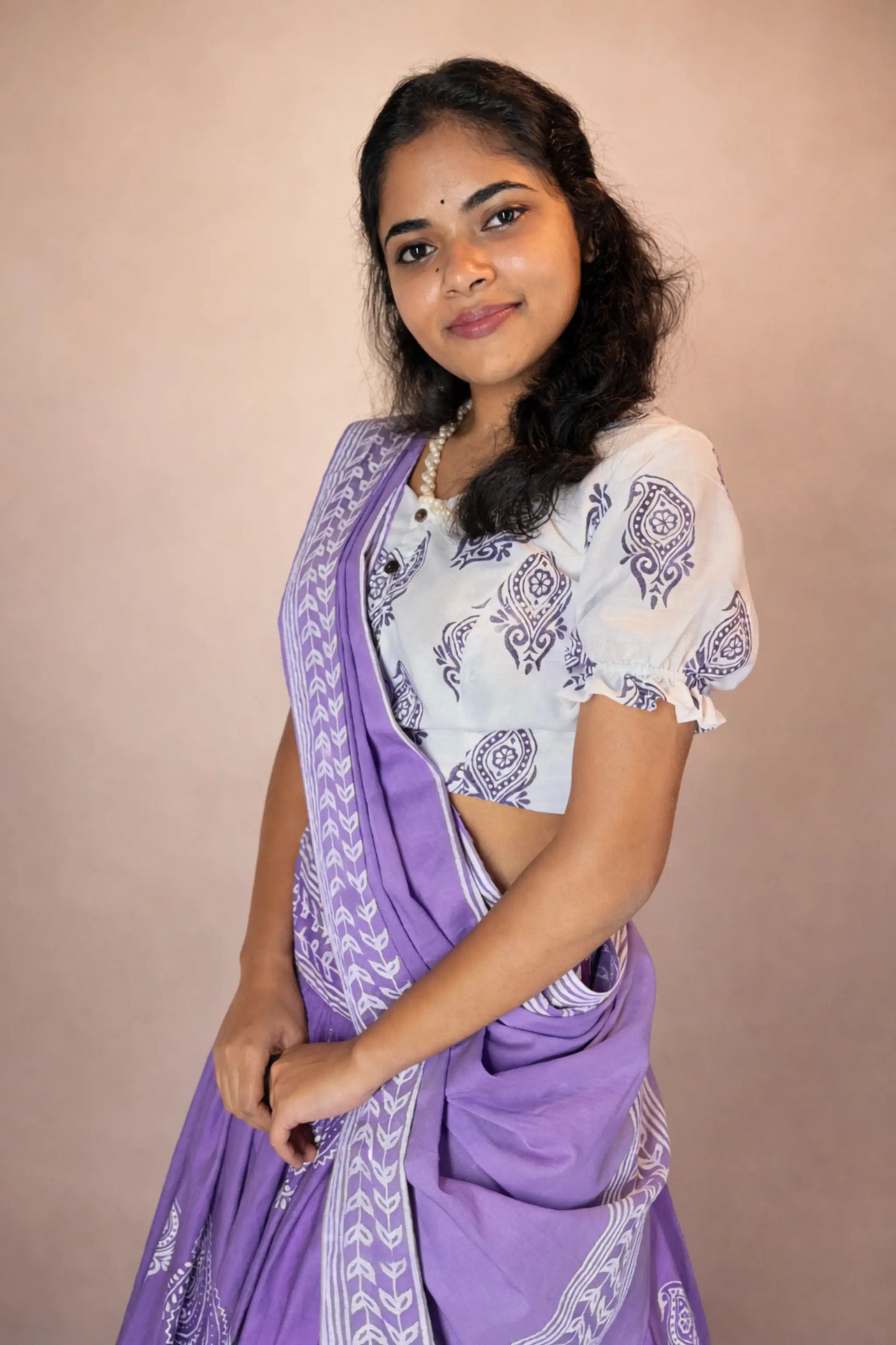 Close-up of Anuragini hand block print pure cotton blouse showing fabric texture and print detail