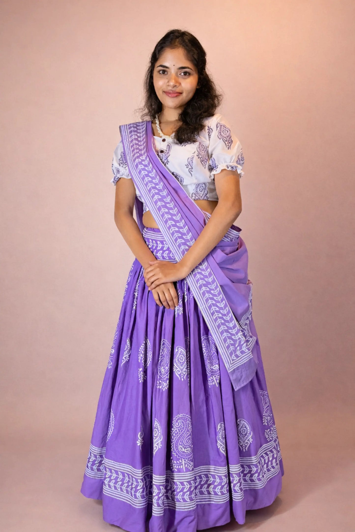 Front view of Anuragini purple hand block print pure cotton Gopi skirt set with matching blouse and dupatta by Meghambara