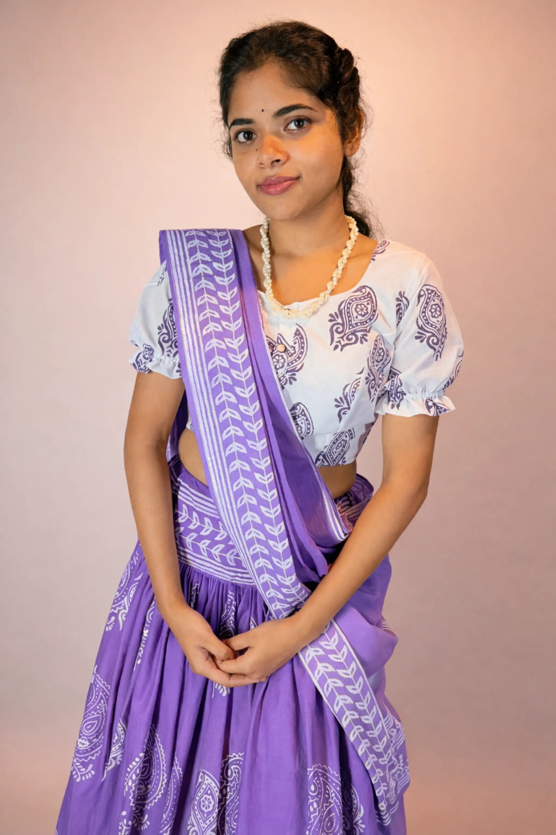 Close-up portrait of Anuragini hand block print pure cotton Gopi skirt set highlighting blouse and dupatta details
