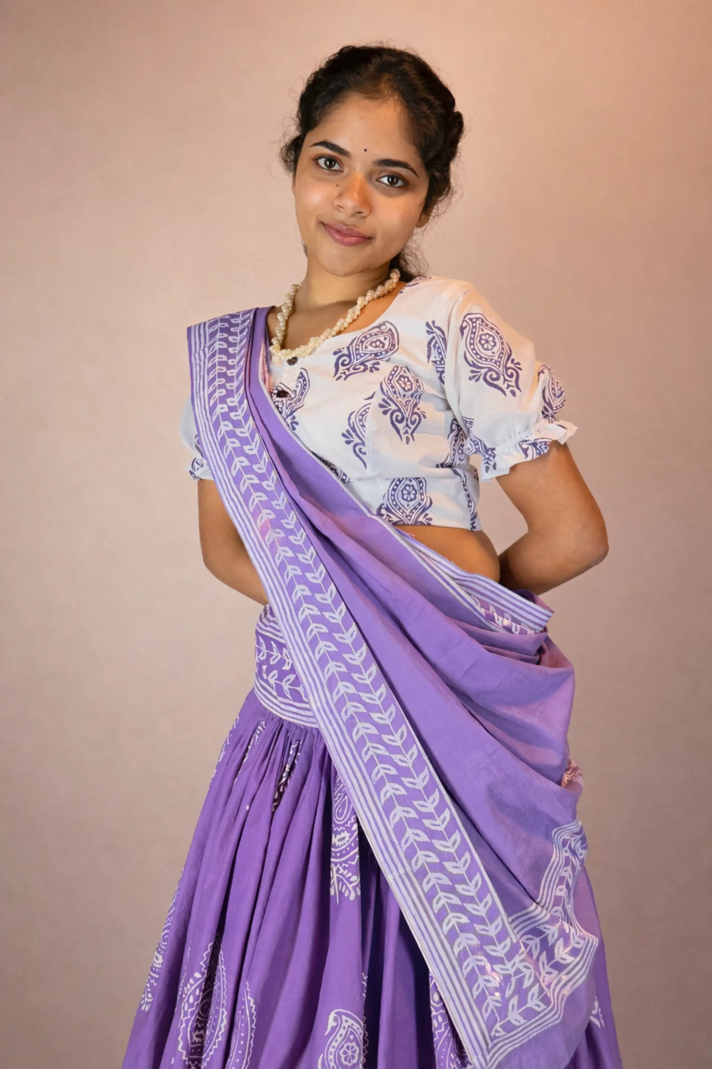 Close-up of Anuragini pure cotton hand block print blouse detailing and fabric texture