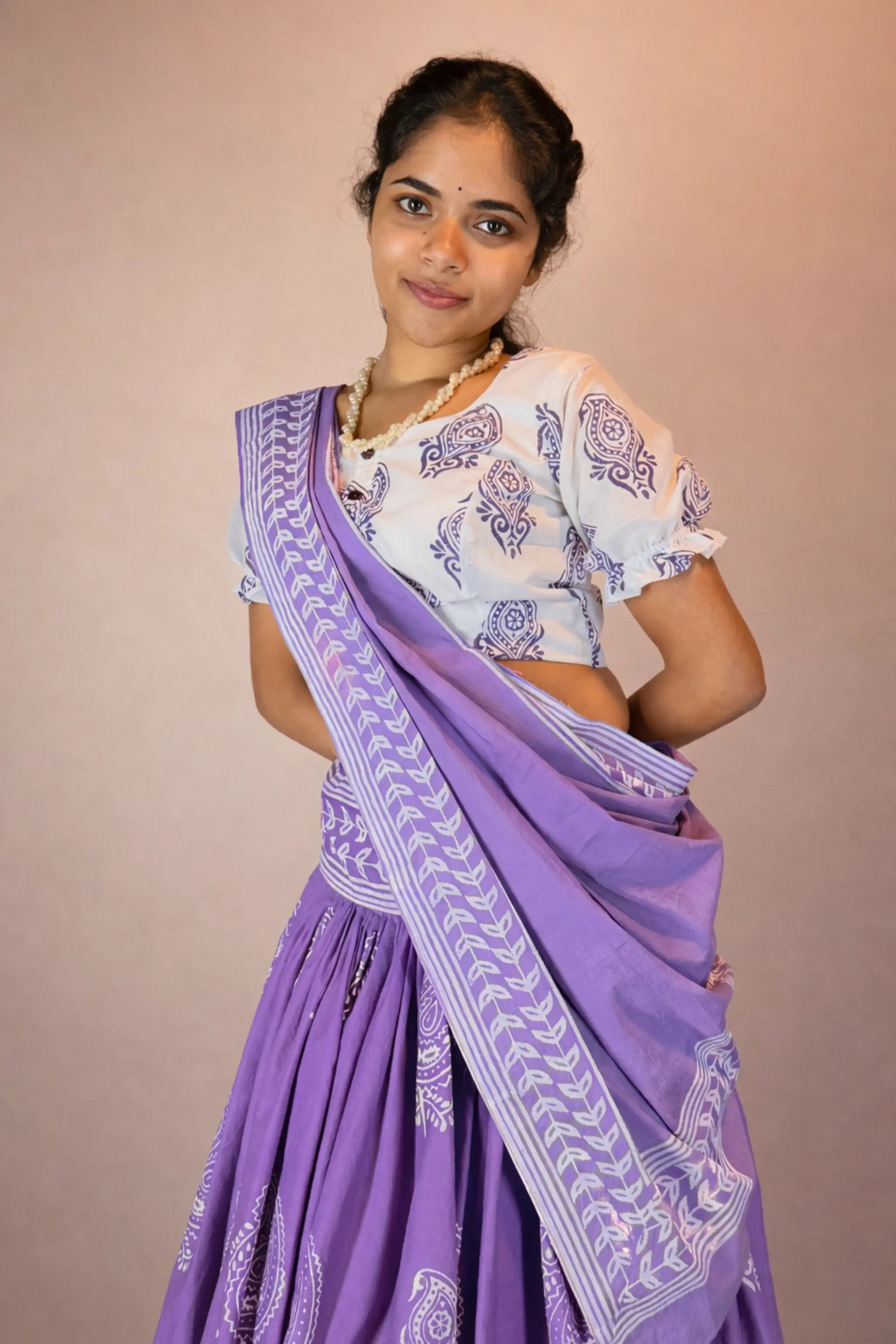 Close-up of Anuragini pure cotton hand block print blouse detailing and fabric texture