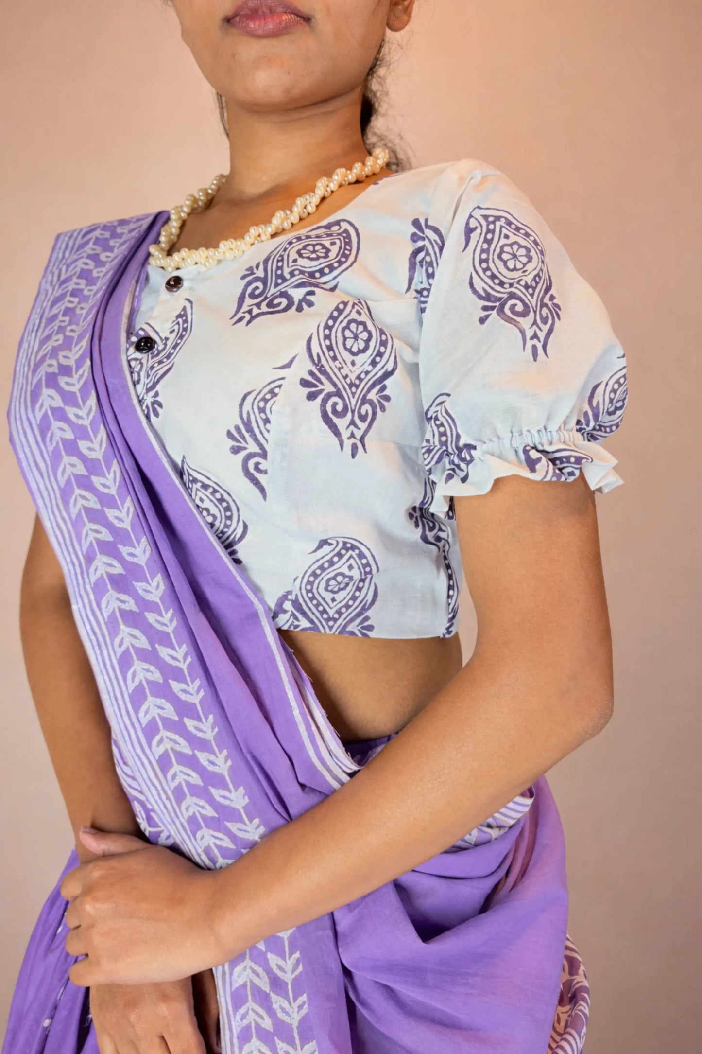 Detail shot of Anuragini purple hand block printed cotton Gopi skirt set showcasing traditional print and craftsmanship