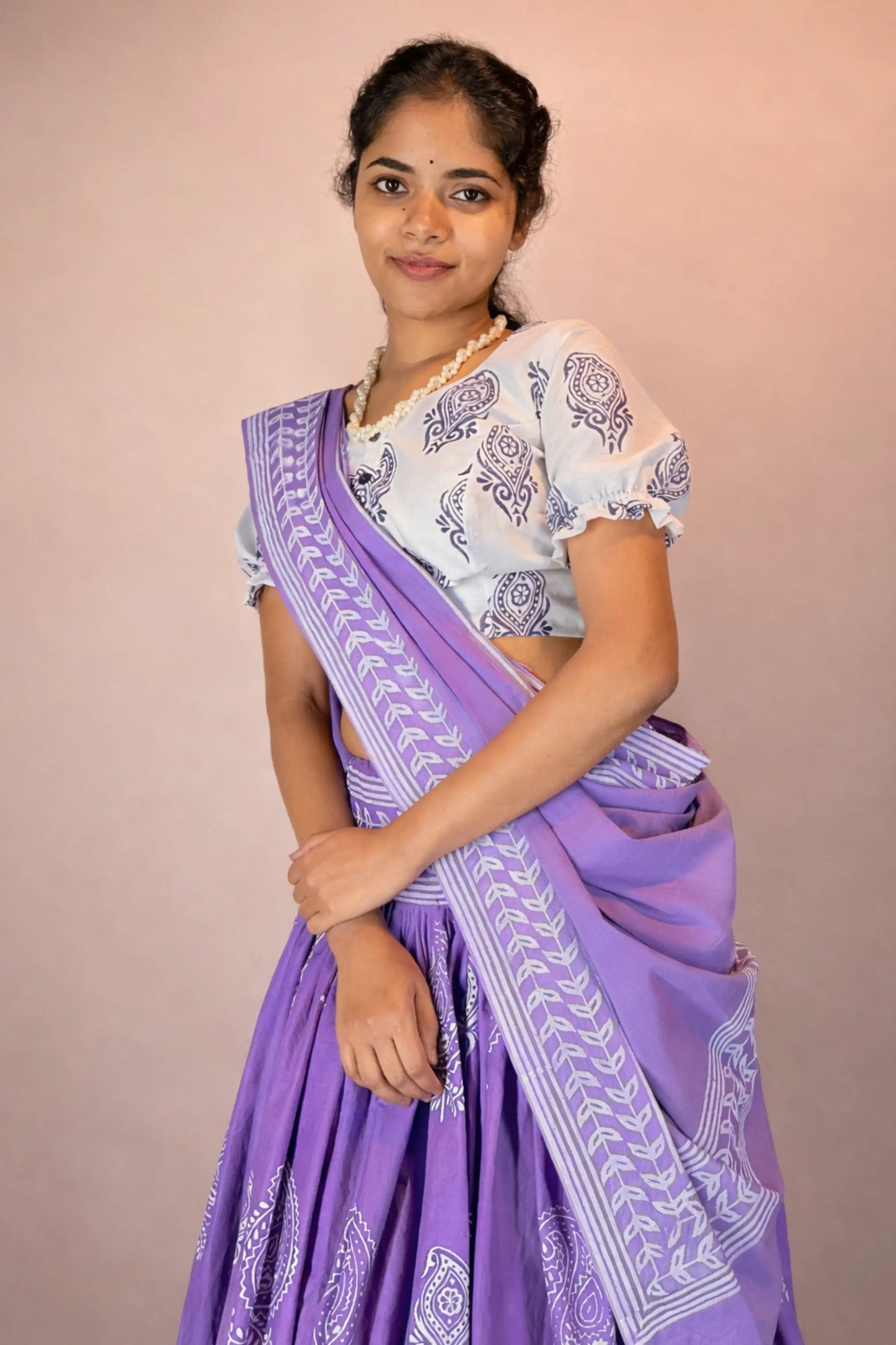 Front close-up view of Anuragini purple hand block print pure cotton Gopi skirt set with blouse and dupatta styling