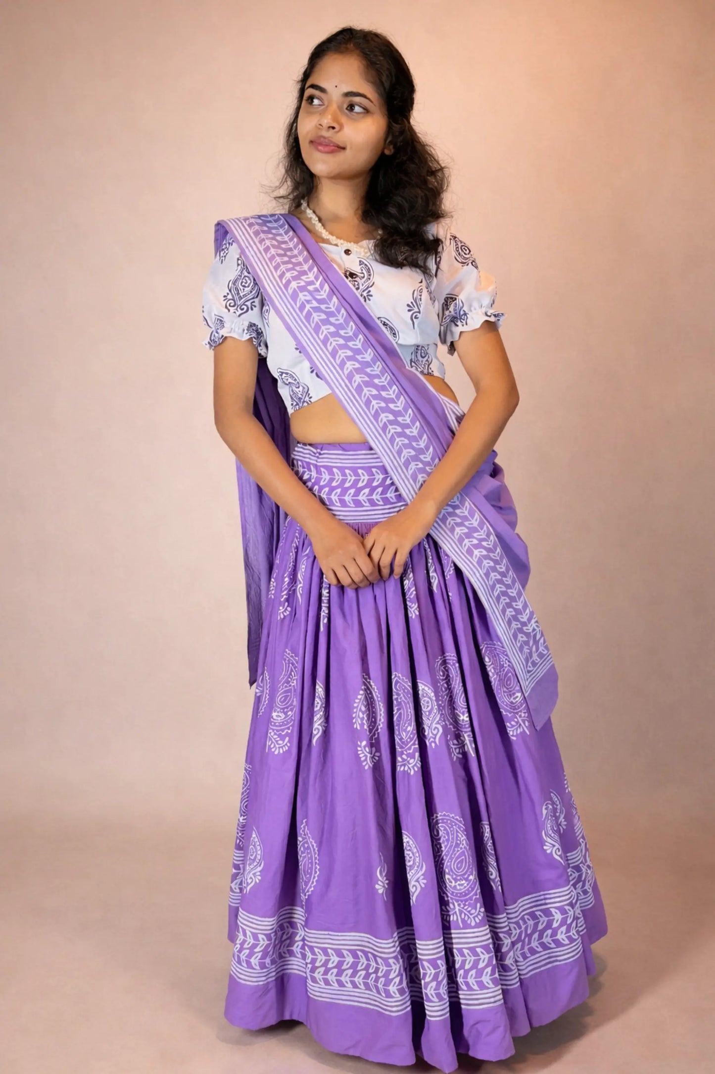 Full-length front view of Anuragini purple hand block print pure cotton Gopi skirt set by Meghambara
