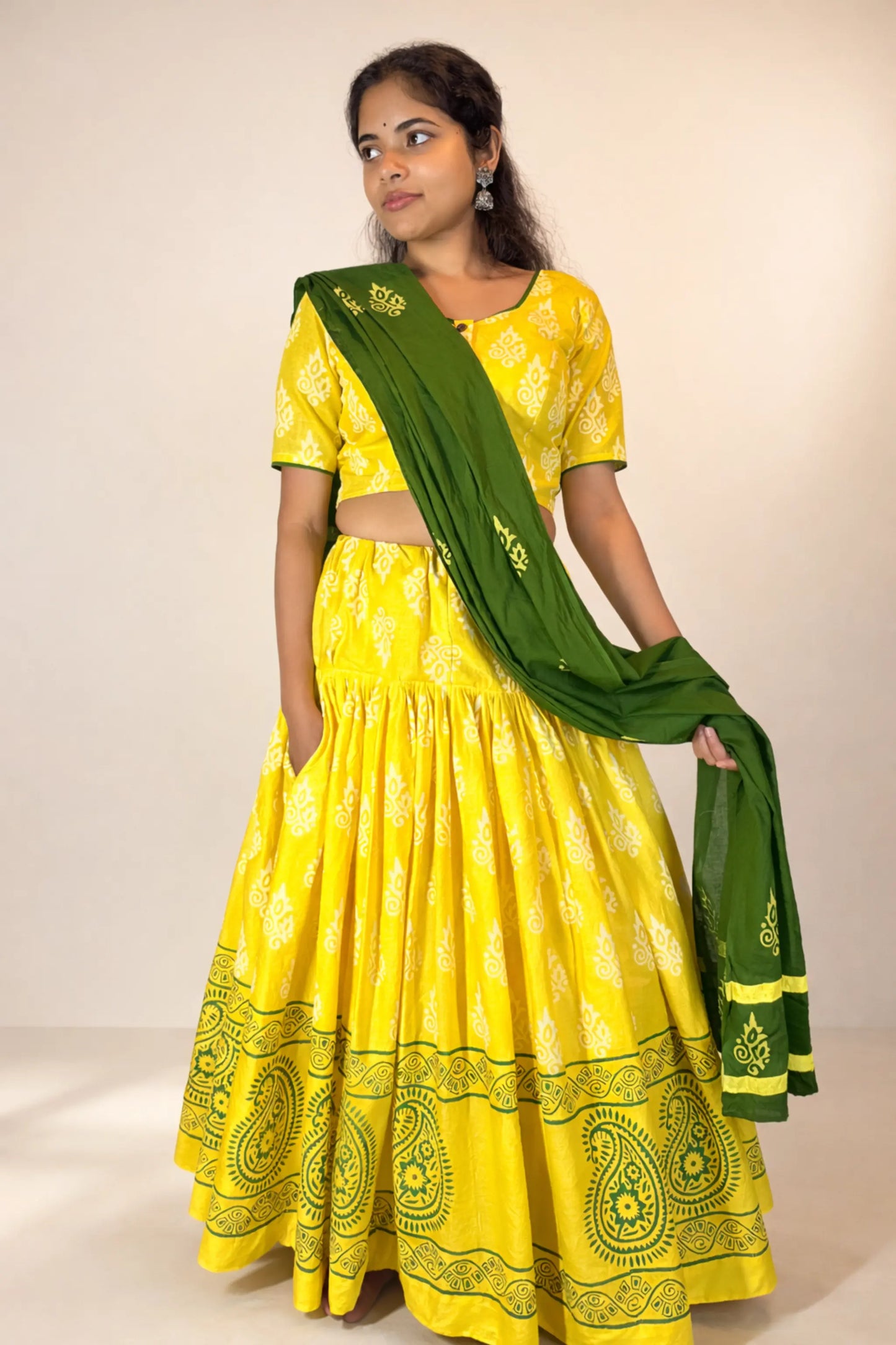 Side view of Basantika hand block print pure cotton gopi skirt set showing flared skirt