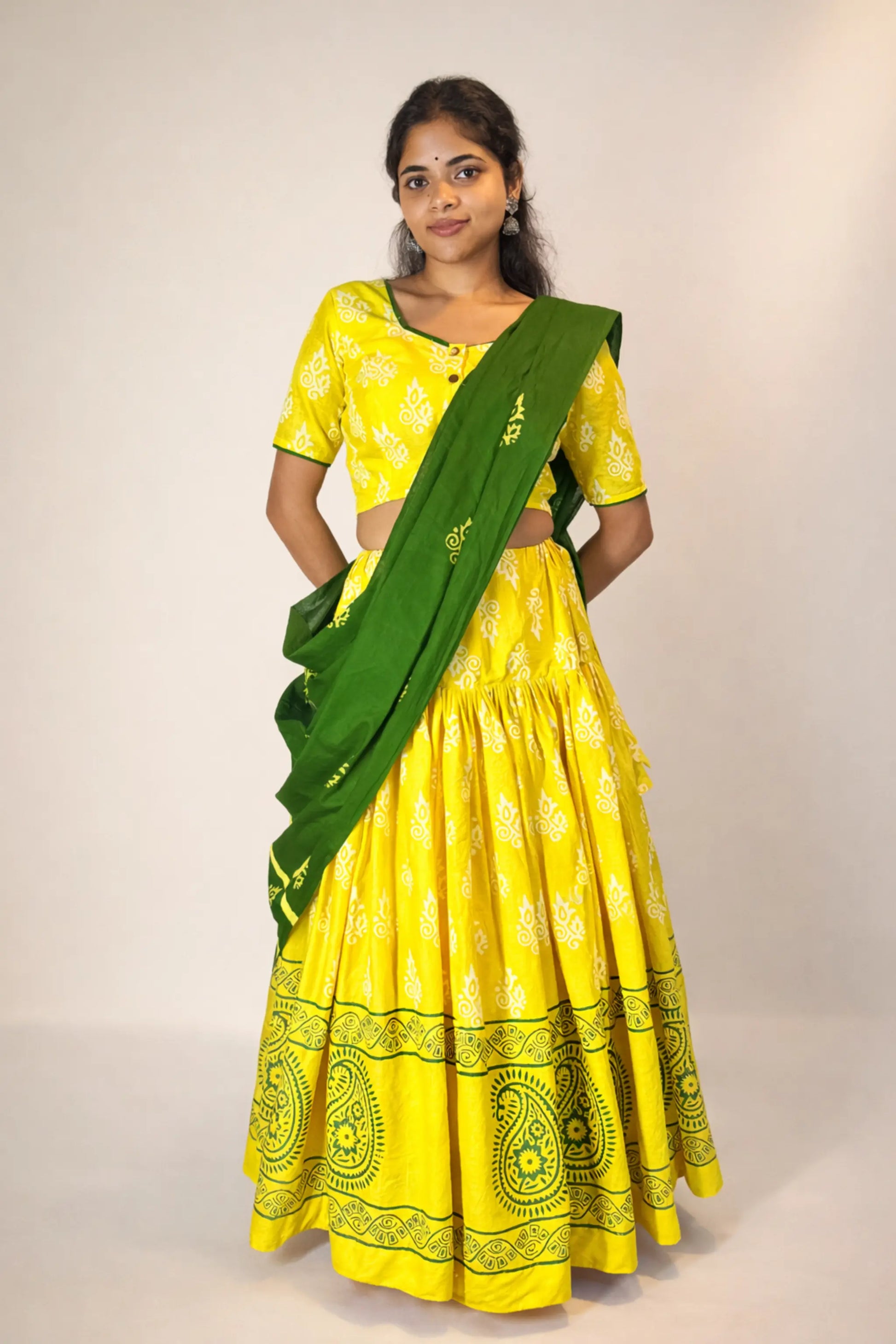 Full length studio shot of Basantika hand block print pure cotton gopi skirt set