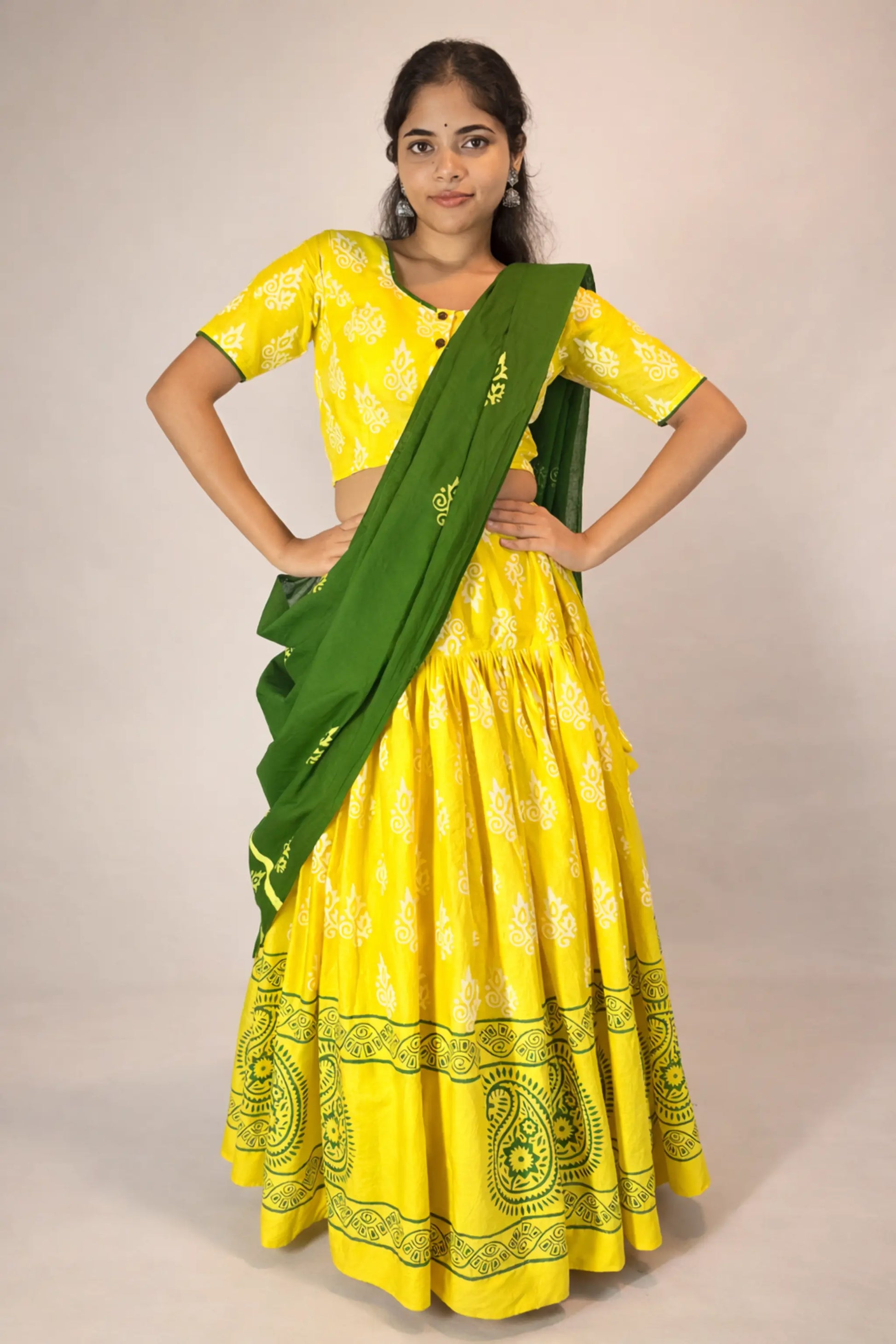 Front full look of Basantika yellow and green hand block print pure cotton gopi skirt set