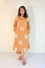 Caramel Jolfôring Block Printed Cotton Straight Co-ord Set with Side Pockets