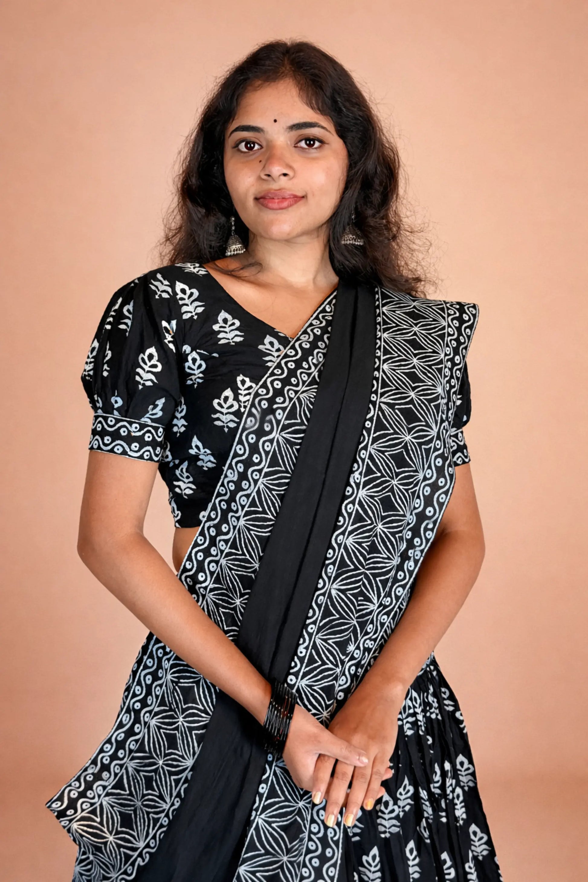 Close-up front view of Kalindi block print cotton gopi dress highlighting the blouse, dupatta drape, and traditional hand block patterns