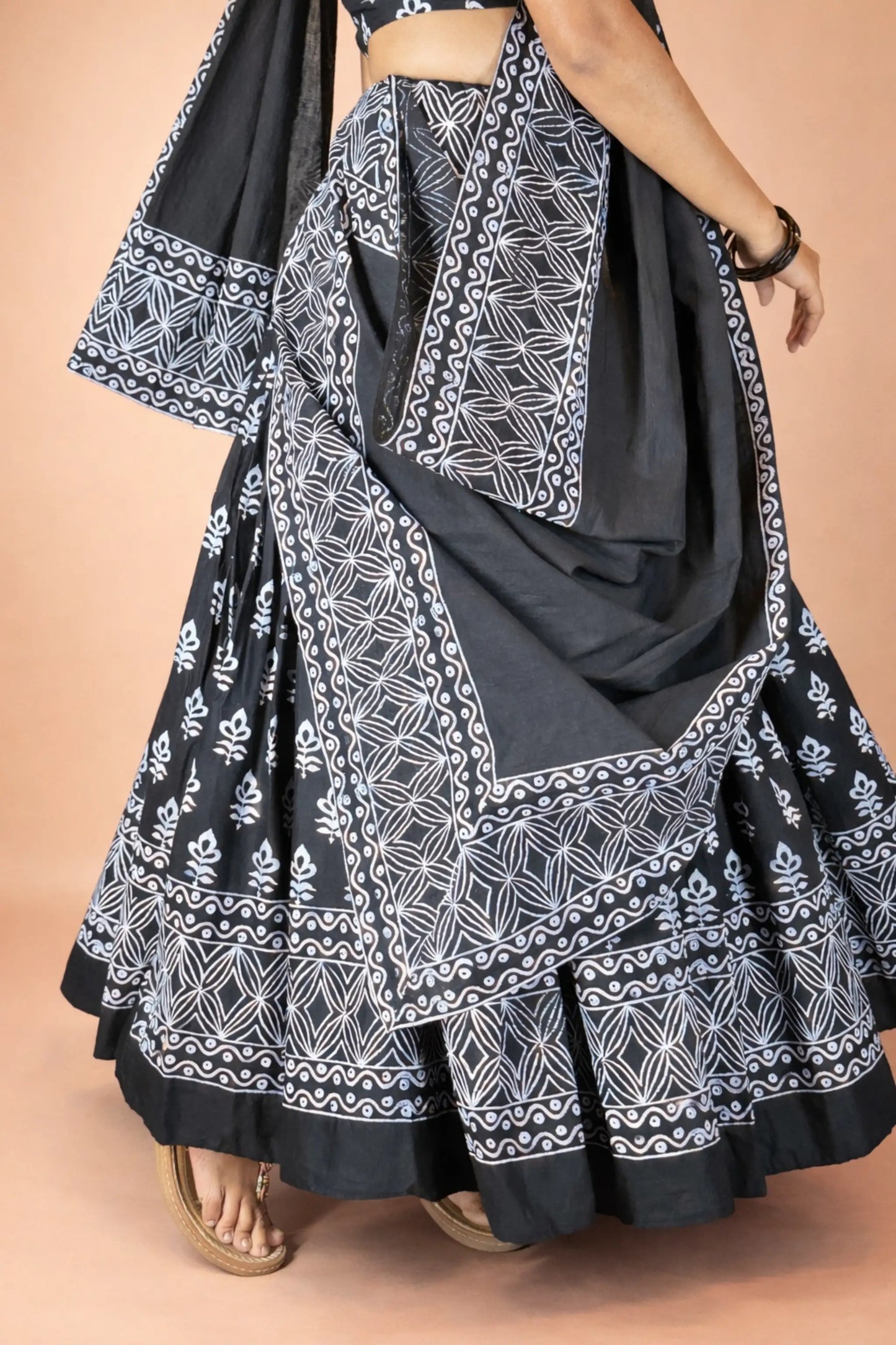 Close-up view of Kalindi block print cotton gopi dress skirt and dupatta border, highlighting intricate geometric hand block designs