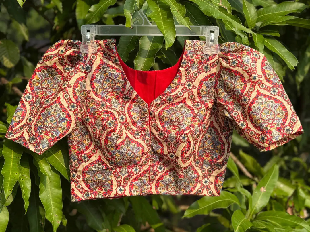 Cream cotton paisley block print blouse with short sleeves, front view, handcrafted by Meghambara